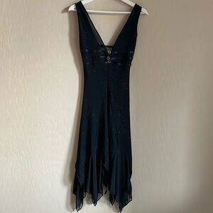 Y2K Midi Babydoll Dress Luly K Plunge Whimsigoth Sparkly Black Large
